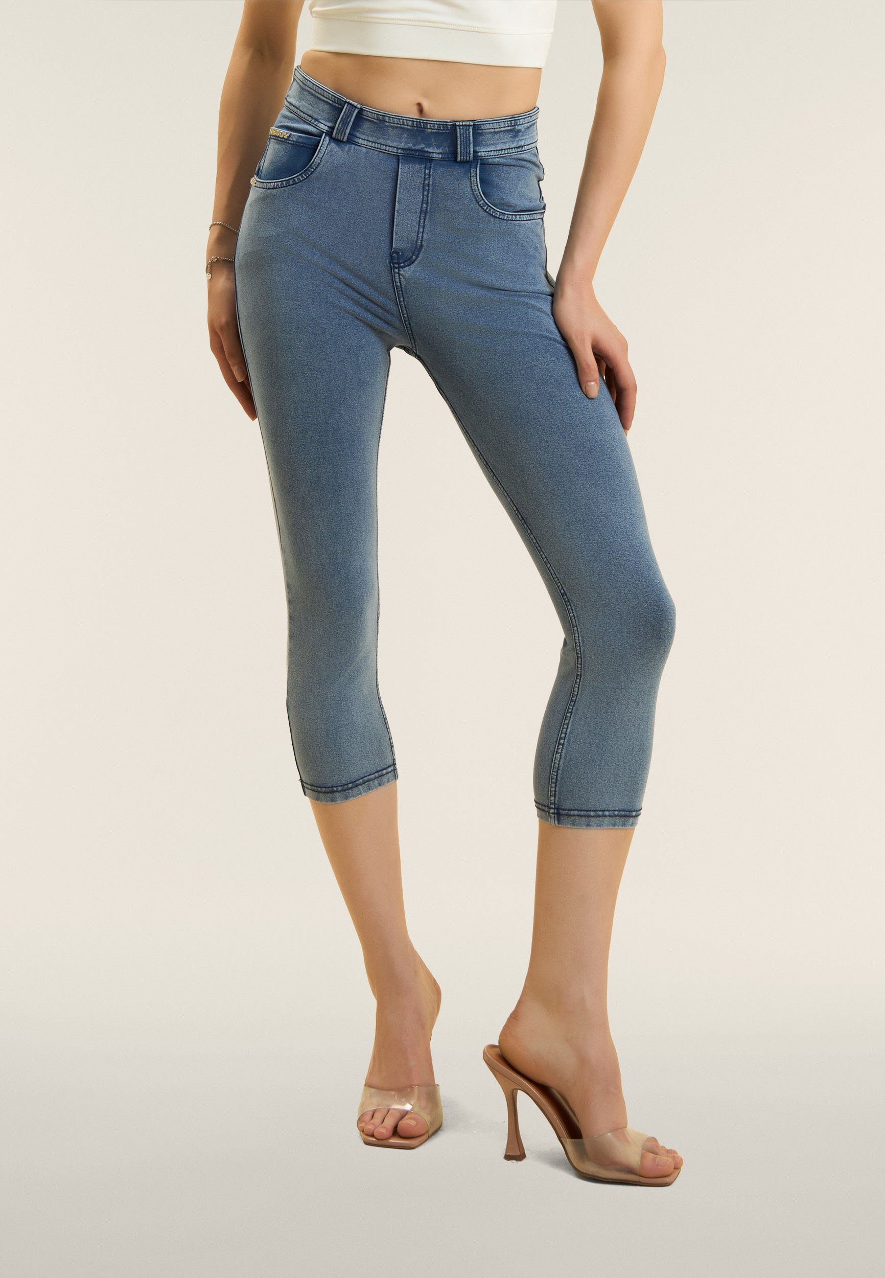 N.O.W. Yoga High Waist Skinny Capri Denim Jeans - Denim Med. Blue - Blue Seam