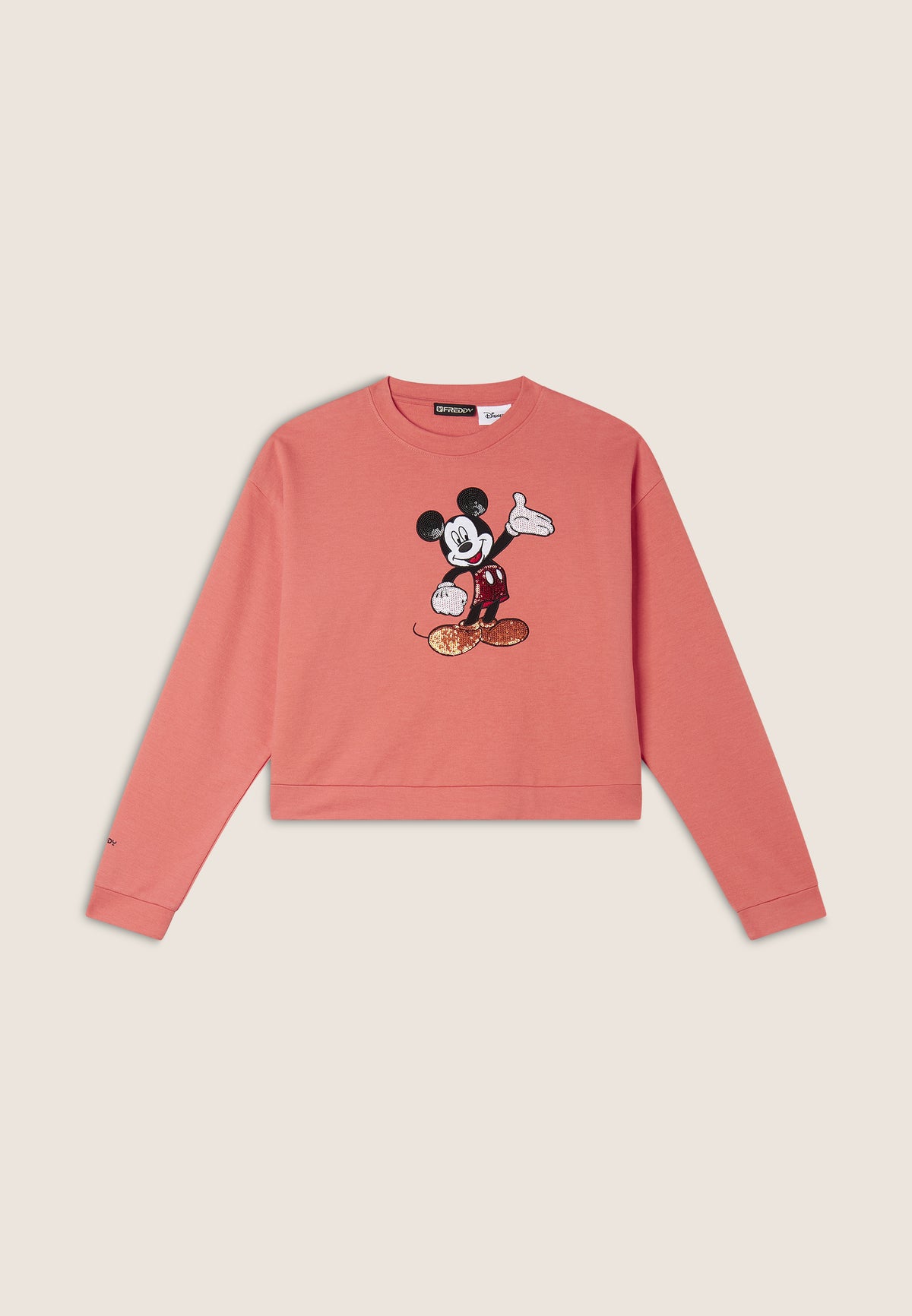 Comfort fit cropped sweatshirt with Mickey Mouse embroidery - Coral