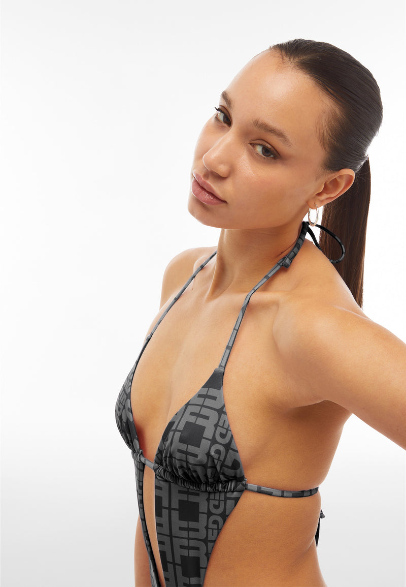 Einteiliger Badeanzug mit Cut-outs und Allover-Logo-Print - BLACK