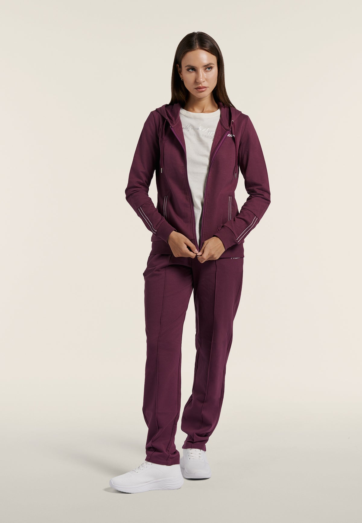 Zip hoodie with logo elastic trims - Mauve Wine