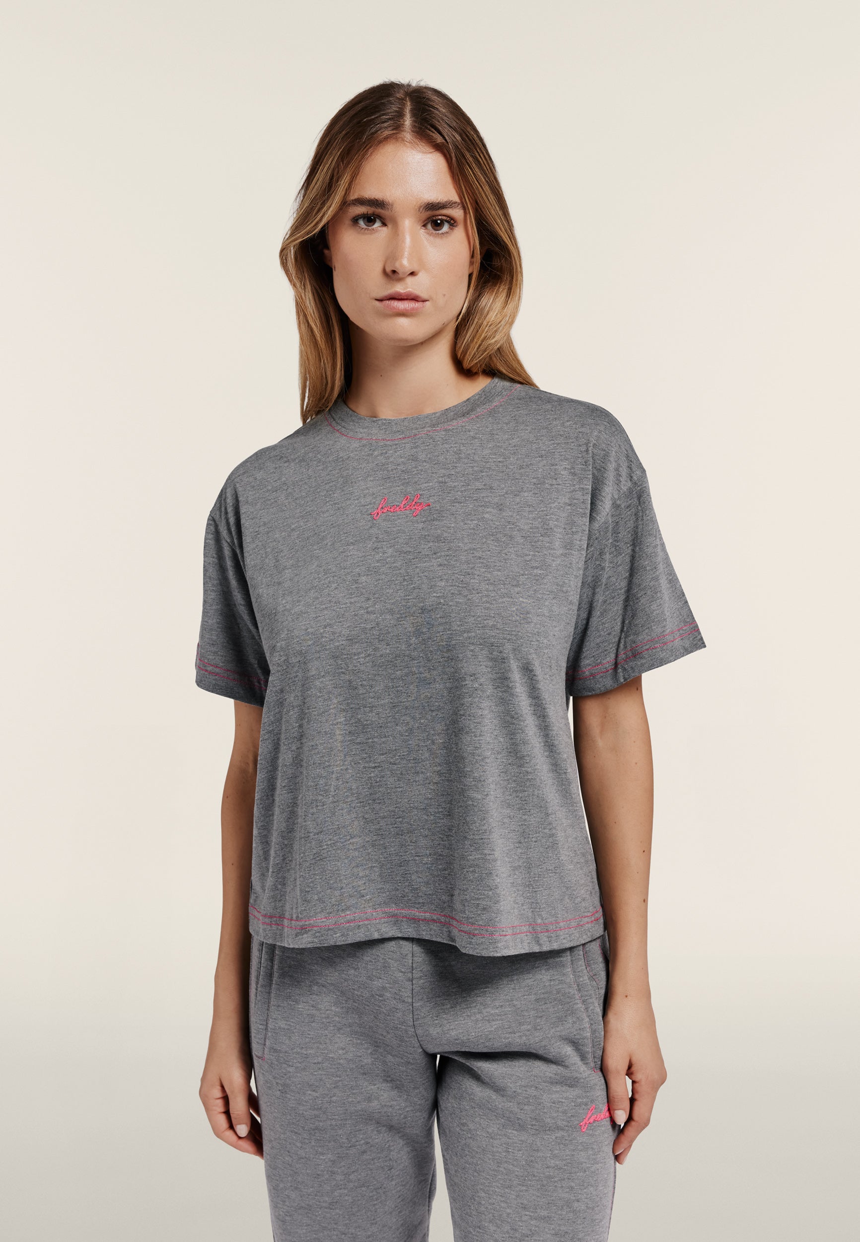 Comfort t-shirt in melange jersey with neon details - Mélange Gray