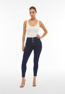 WR.UP Push-Up Button High Waist Skinny 7/8 Denim Jeans - Denim Dark Blue - Yellow Seam