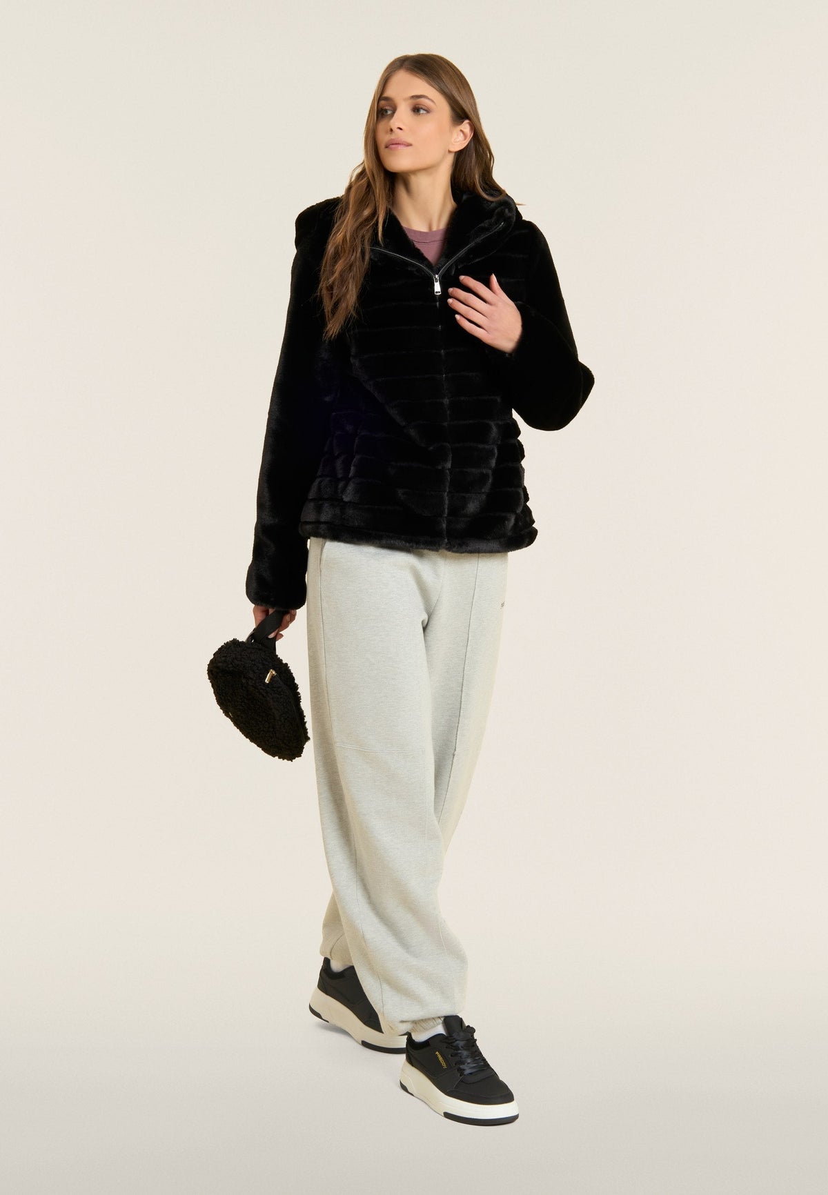 Synthetic fur hooded jacket with striped effect - Black