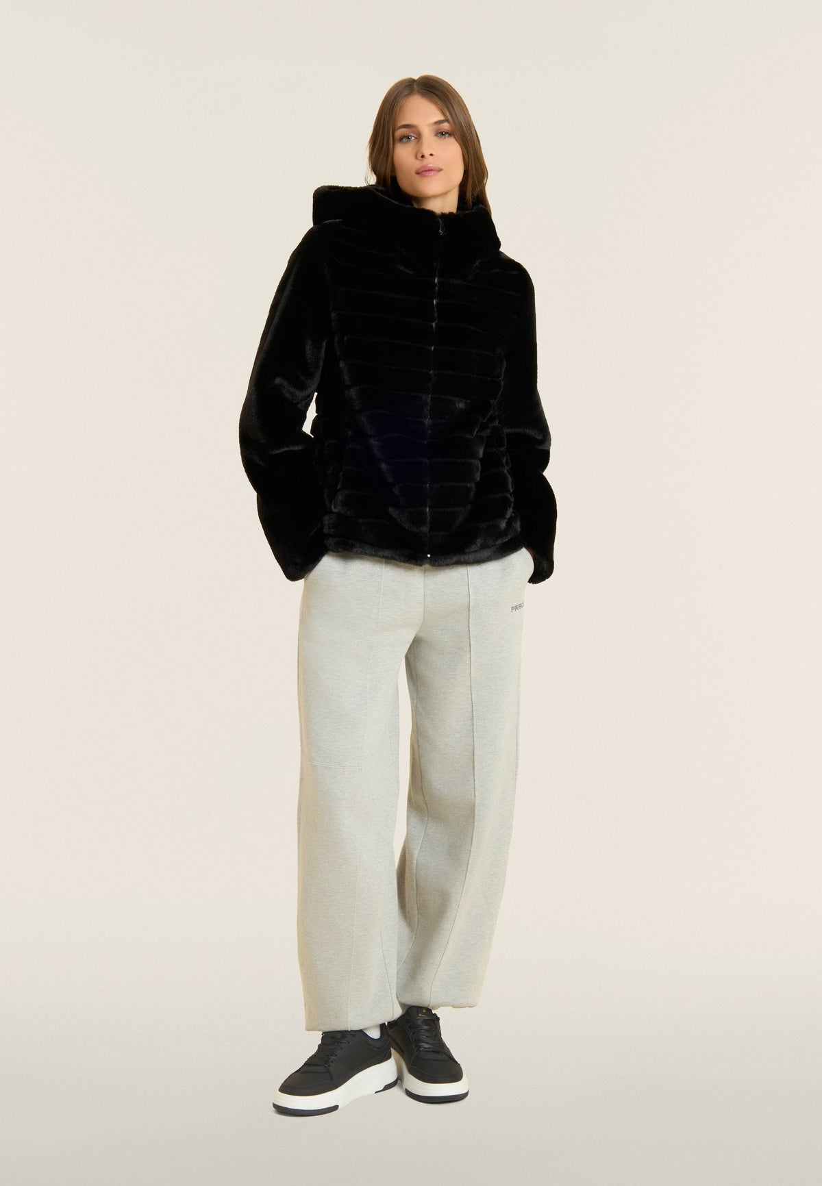Synthetic fur hooded jacket with striped effect - Black